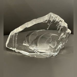 Mats Jonasson Sweden Heavy Glass Block Fish sculpture. 7 1/4” W x 5 1/4” H.